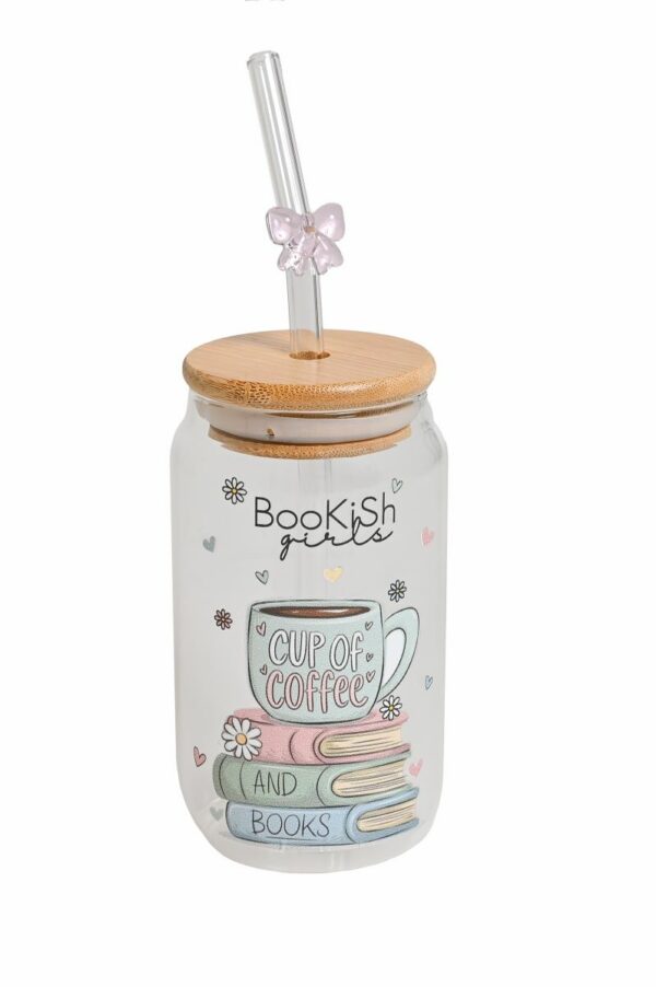 Ποτήρι με γυάλινο καλαμάκι - Cup of coffee & Books